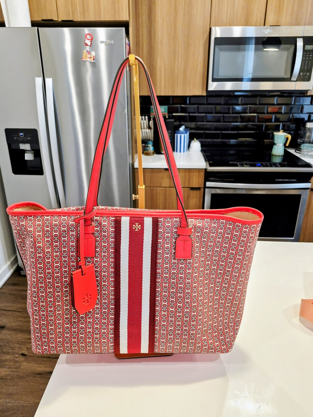 Tory Burch Red and White Stripe Monogram Tote